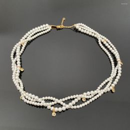 Choker French Holiday Woven Triple Chain Twist Pearl Necklace