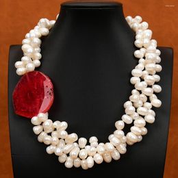 Collier ras du cou G-G 3 rangées de perles Keshi blanches de culture d'eau douce, 20 pouces, connecteur de morceau d'agate rouge, pendentif fait à la main, bijoux cadeaux pour femmes
