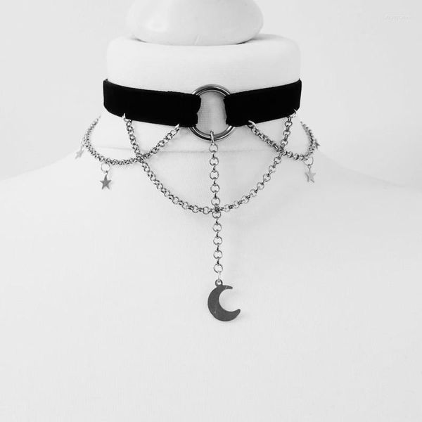 Tour de cou Goth noir velours chaîne croissant de lune et étoiles sorcière couleur argent collier Punk bijoux pendentif femmes cadeau classique