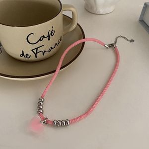 Ras du cou Goth coton corde coeur pendentif perles en acier collier pour femmes élégant rose amour tissé réglable chaîne bijoux