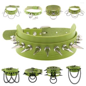 Gargantilla gótica Harajuku verde cerradura llave Pu cuero acero inoxidable remache collares para mujeres Egirl cadenas en el cuello joyería gótica