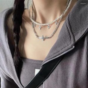 Choker Goth Harajuku Vintage Double Metal Cross Pendant Pearl Chain ketting voor Egirl Cool Aesthetic Y2K Grunge Sieraden Accessoires