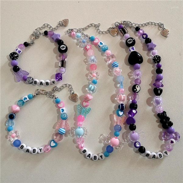 Choker goth y2k mignon lettre acrylique coeur papillon fleur collier perle décoration de cou egirl emo 2000s accessoires de scène esthétique