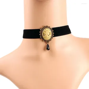 Choker gotische legering Victoriaanse dame hoofd cameo kraal druppel hanger zwart lint dikke vintage retro kraag ketting voor vrouwen