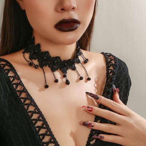 Ras du cou gothique noir foncé dentelle femmes goutte d'eau gland pendentif collier Sexy creux clavicule chaîne Halloween bijoux