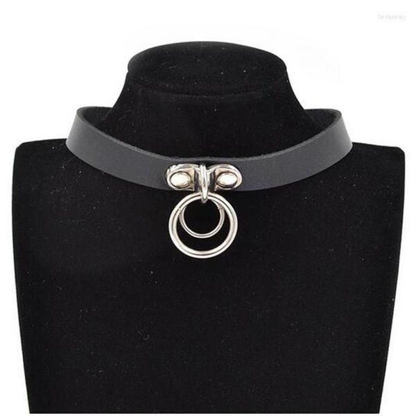 Gargantilla de estilo gótico Punk, colgante de doble anillo, cierre a presión, Collar de cuero PU, Gargantilla, cuello para mujer