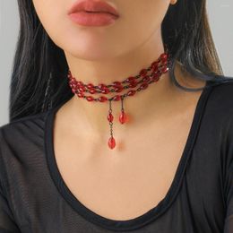 Ras du cou gothique rétro Imitation cristal collier de perles goutte d'eau gland rouge chaîne femme français simplicité Accessori