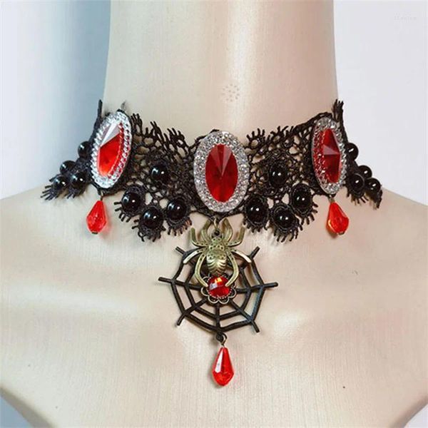 Choker Gothic Victorian Lace Spider Collier pour femmes Colliers de charme de pendentif en cristal noir