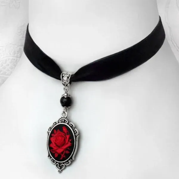 Collier ras du cou gothique victorien avec Rose rouge, pendentif camée en velours noir, bijoux anciens