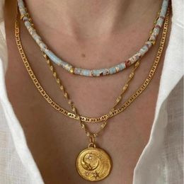 Collier ras du cou grec naturel semi-précieux, perles, motif de pierre de lune, chaîne ondulée verte, étoile, lune, collier rond pour femmes
