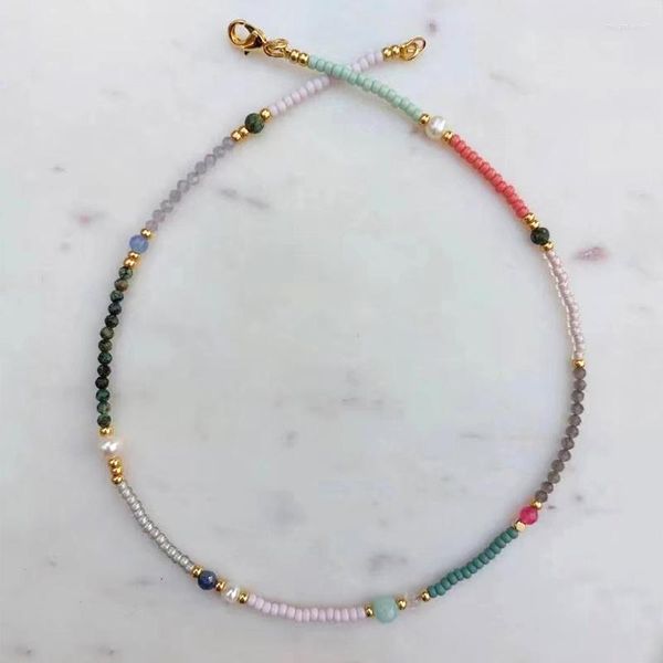 Choker Vert Rose Lac Bleu Perles De Verre À Facettes Pierre Naturelle Collier Bohême Tendance Véritable Perle Embellissement Bijoux Fête Des Mères Cadeau