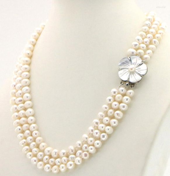 Ras du cou HABITOO 3 rangées 7-8mm collier de perles d'eau douce coquille fleur fermoir 17-19 pouces bijoux pour femmes cadeaux de charme tenue quotidienne