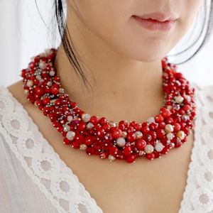 Gargantilla HAHATOTO de doble capa con cuentas de cristal de imitación turquesa con collar llamativo chapado en plata, joyería gruesa