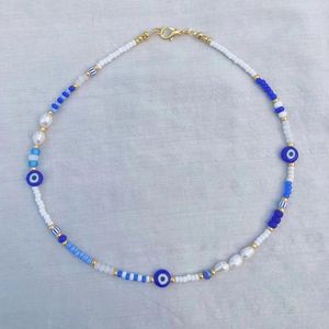 Choker handgemaakte blauwe kralen witte kraal kralen Becklace vrouwen natuurlijke parelhals accessoires bohemian mode oogmix en match