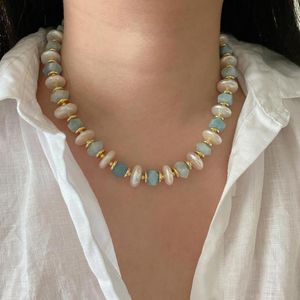 Choker handgemaakte natuursteen blauwe aquamarijn kralen barokke parel ketting voor vrouwen zomervakantie sieraden uniek ontwerp