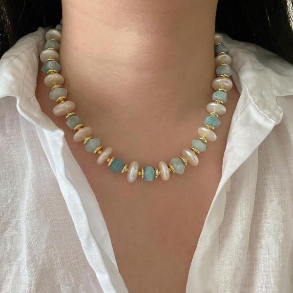 Gargantilla hecha a mano de piedra Natural, cuentas de Aguamarina azul, collar de perlas barrocas para mujer, joyería de vacaciones de verano, diseño único