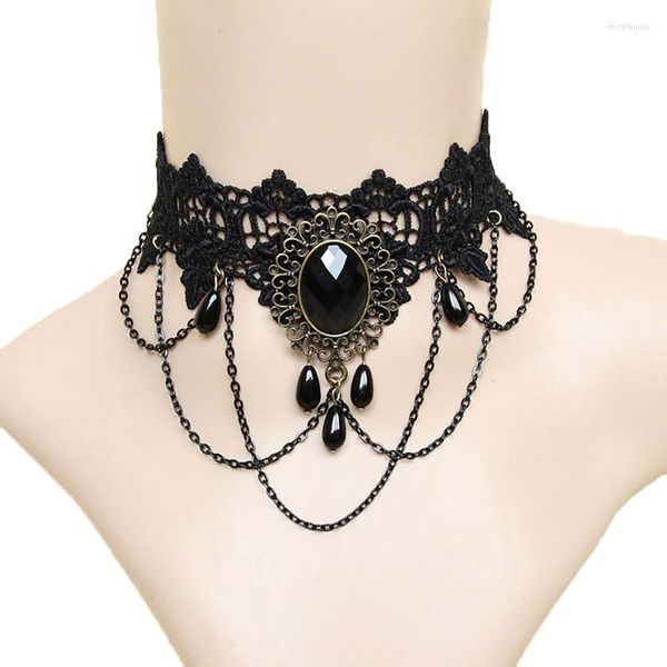 Tour de cou fait à la main femmes noir couche chaîne fleur perle pierre goutte dentelle déclaration collier gothique Vintage rétro Maxi collier bijoux