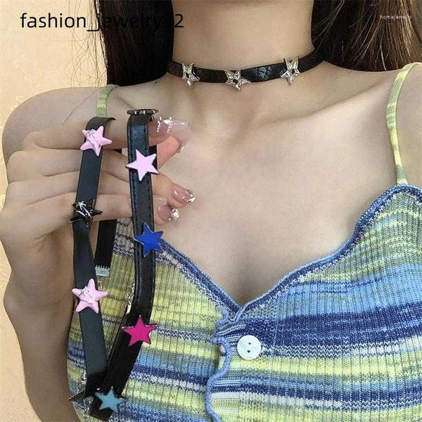 Gargantilla Harajuku Y2K para mujer, collar de pentagrama colorido con estrella de diamantes de imitación dulces, cadenas de cuero negro, joyería estética