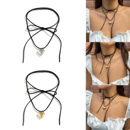 Choker Hart Hanger Kraag Ketting Sieraden Sleutelbeen Ketting Geweven zwarte touw liefdesketting voor vrouwen met verstelbare persoonlijkheid perzik hart ketting