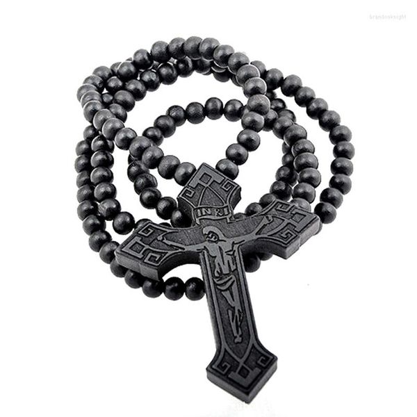Collier ras du cou Hip Hop bois croix collier pour hommes Style Rock perles en bois longue chaîne jésus pendentif femmes Christ bijoux fête cadeau