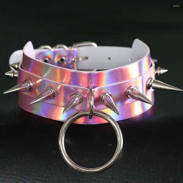 Gargantilla holográfica con pinchos, Collar Punk gótico de cuero para mujer, gargantilla Kawaii, joyería de fiesta