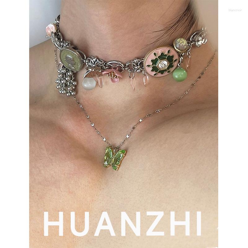 HUANZHI – collier Double couche vert Vintage pour femmes et filles, ras du cou, fleur, papillon, Zircon, bijoux romantiques et Glamour délicats