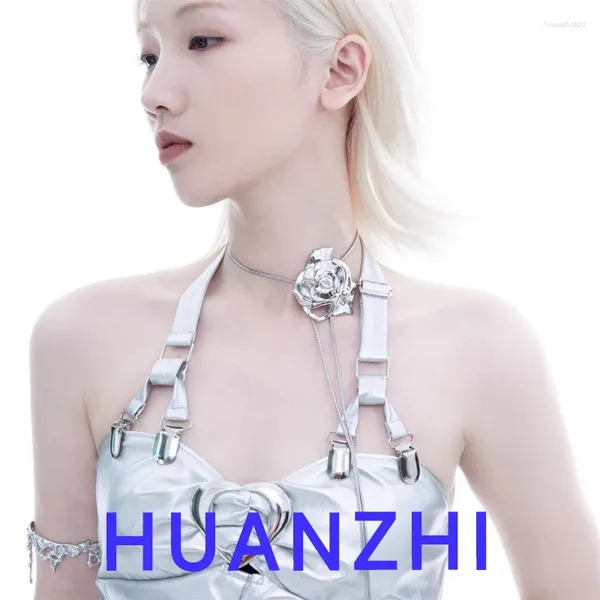 HUANZHI – collier ras du cou Y2K couleur argent Rose réglable, Cyberpunk, chaîne de taille, bras, mode tendance, bijoux pour femmes et hommes unisexe