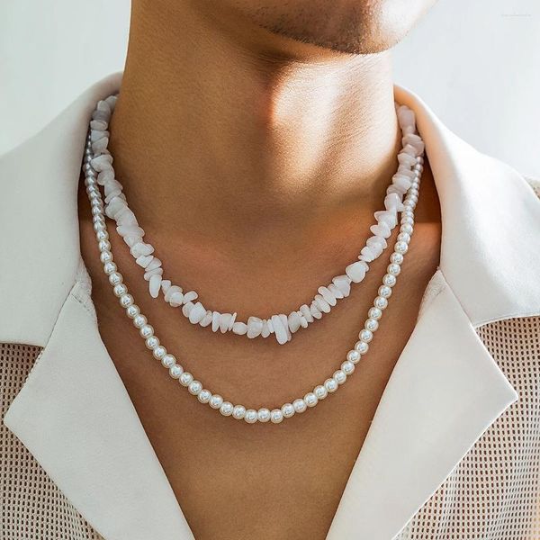 Gargantilla de perlas de imitación y cuentas de piedra, collar de cadenas para hombres, accesorios para el cuello en capas separables a la moda, joyería de moda 2024