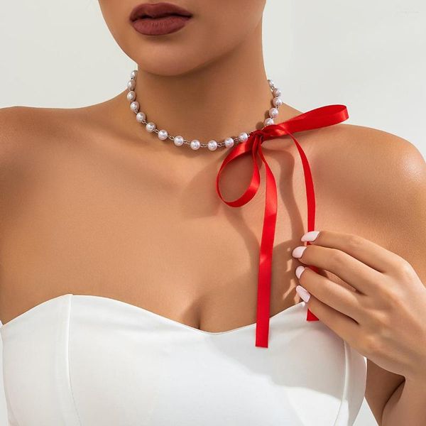 Gargantilla con cuentas de perlas de imitación para mujer, Collar con tira de cordones, Collar elegante a la moda, accesorios de joyería para mujer 2023