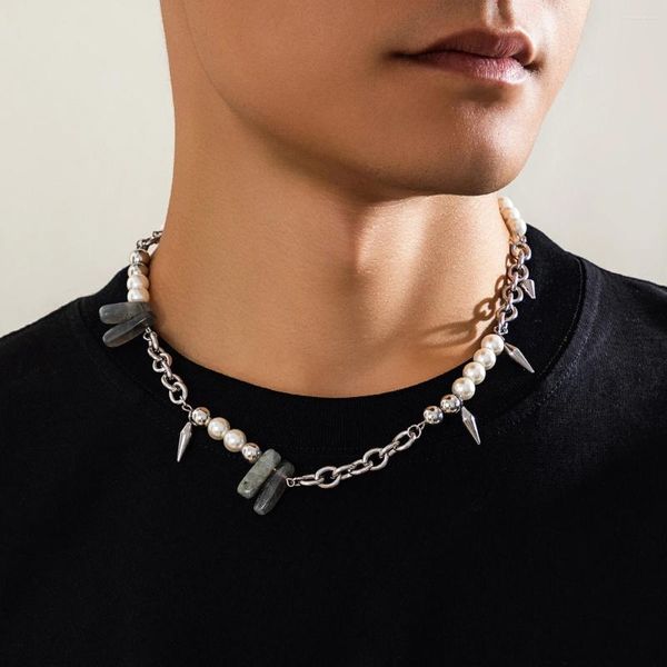 Collier ras du cou pour hommes, chaînes d'épissure de perles d'imitation avec pierre et pointes, collier court tendance, collier de perles sur le cou, accessoires de mode