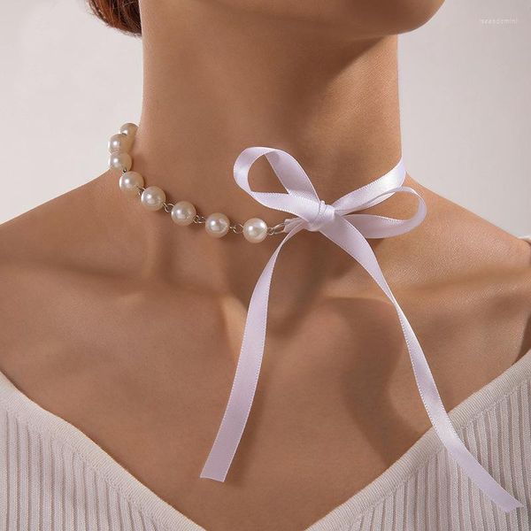 Gargantilla de perlas de imitación, collar de cinta blanca para mujer, fiesta de boda, elegante paquete de cuello, accesorios de joyería ajustables para mujer