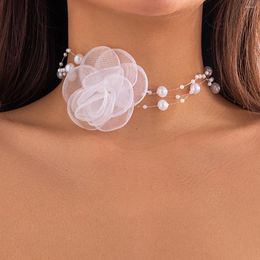 Choker ingemark elegant witte grote rozenbloem sleutelbeen ketting ketting voor vrouwen wo imitatie parel touw esthetische nek sieraden
