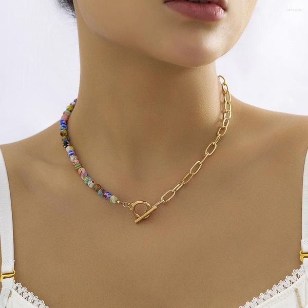 IngeSight.Z – collier bohémien en perles de verre à rayures de fleurs pour femmes, Punk géométrique en métal, boucle OT, chaîne de clavicule, bijoux