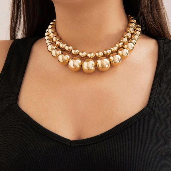 Gargantilla IngeSight.Z, cadena de cuentas de bola CCB grande exagerada para mujer, conjunto de joyería de collar de cuello con cuentas de doble capa de Color dorado Vintage para mujer