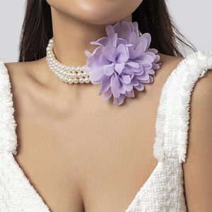 Gargantilla IngeSight.Z tela de gasa coreana flor grande imitación perla collares con cuentas mujeres elegante joyería de boda hecha a mano