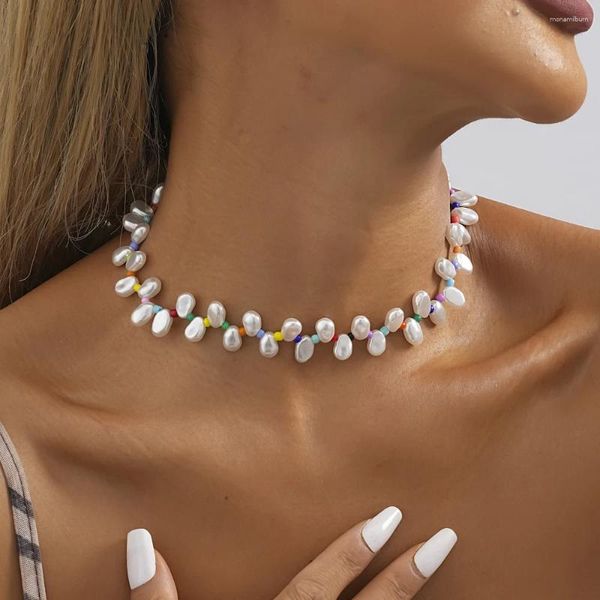 Gargantilla de perlas de imitación irregulares, collar de cuentas de arroz colorido para mujer, tendencia de moda, joyería de regalo de cumpleaños para mujer, venta directa al por mayor