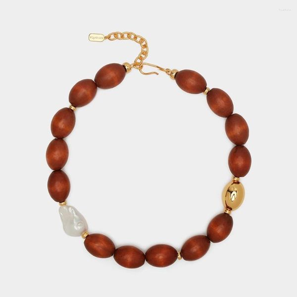 Gargantilla JBJD Retro de 18mm con cuentas de madera, hilo de perlas naturales hecho a mano, collar largo grueso para regalo, accesorios para mujer y mujer, joyería