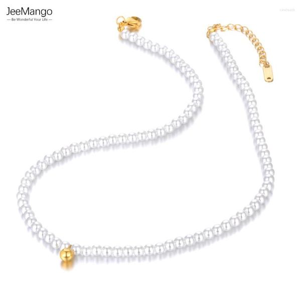 Ras du cou JeeMango mode blanc perle brin colliers pour femmes filles en acier inoxydable boule ronde pendentif fête d'anniversaire bijoux JN22185