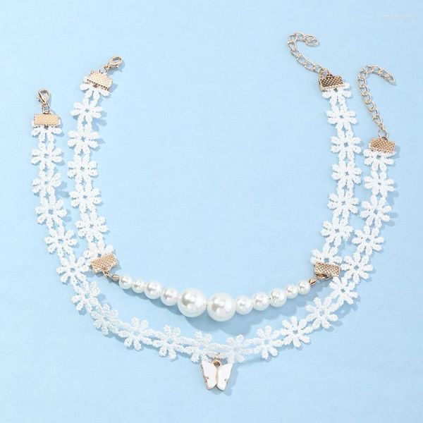 Tour de cou corée blanc pur fée fille dentelle marguerites collier tempérament papillon pendentif perle pour les femmes ensemble de bijoux de mode