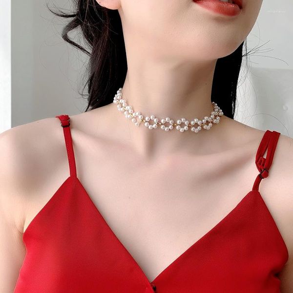 Choker Coréen Bohème Perle Tressé Fleur Collier Pour Les Femmes Tendance De La Mode Simple Fête De Vacances De Mariage De Mariée Court Clavicule Chaîne