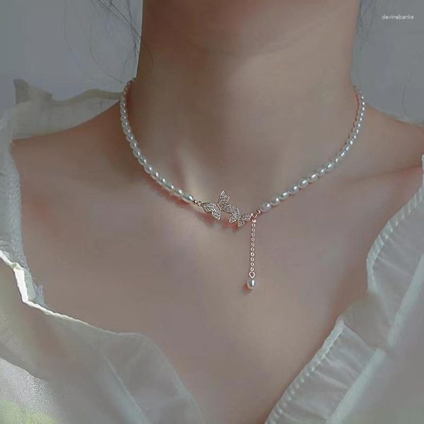 Gargantilla collar de joyería de moda coreana cadena de clavícula salvaje mariposa circón simulación perla declaración mujeres al por mayor