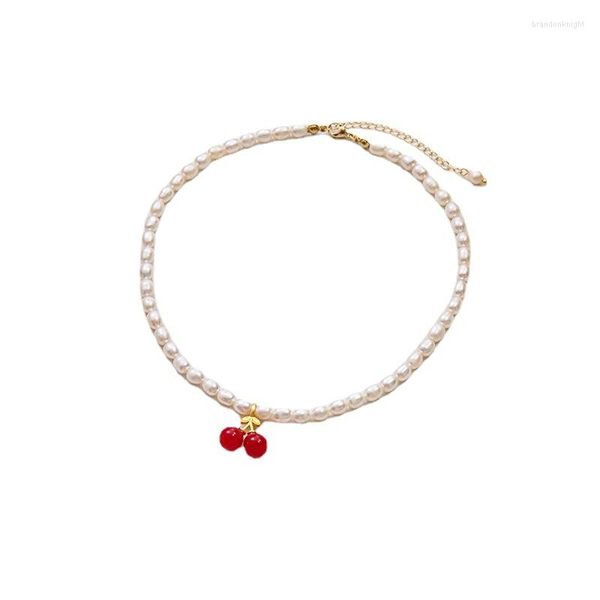 Gargantilla de moda coreana, collar con colgante de cereza de perla de agua dulce Natural para mujer, colgante de Super Hada fresca, cadena para el cuello, joyería de fiesta