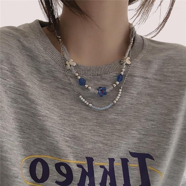 Collier ras du cou coréen fleur papillon, chaîne de perles transparente pour femmes, Vintage Goth Y2K, accessoire de bijoux esthétique Grunge