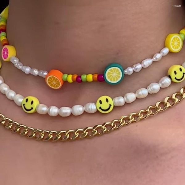 Ras du cou coréen fruits sourire blanc perle collier de perles pour les femmes coloré riz perle colliers faits à la main douce fille bijoux d'été