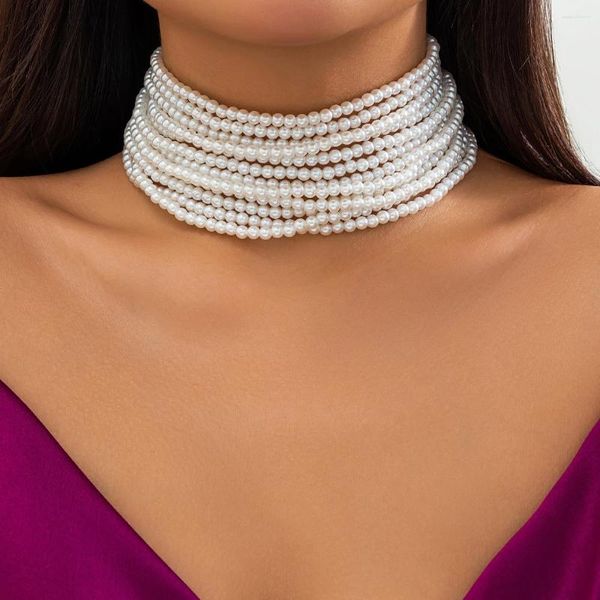 Gargantilla romántica coreana multicapa para mujer, cadena de cuentas finas, collar de clavícula, perla de imitación gótica, joyería para banquete