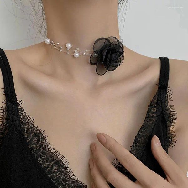 Choker Collier de rose en fil coréen pour femmes collier de perle de perle sucré accessoires de bijoux de fête de mariage romantique