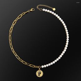Choker KRKC Custom 6mm Dainty Pearl Gold Golde roestvrij staal Paper Clip Chain Queen Pendant Necklace met charm217d