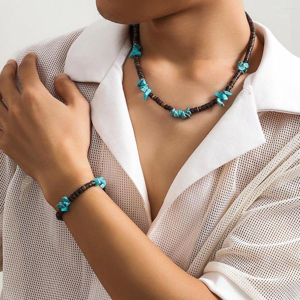 Gargantilla KunJoe bohemio azul piedra marrón irregular coco cáscara cuentas collar para hombres mujeres estilo étnico joyería regalo