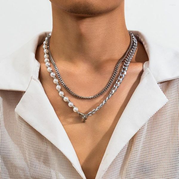 Gargantilla KunJoe Hip Hop Media perla de imitación Collar de cadena cubana Conjuntos Hombres Punk Color plata Link Rapper