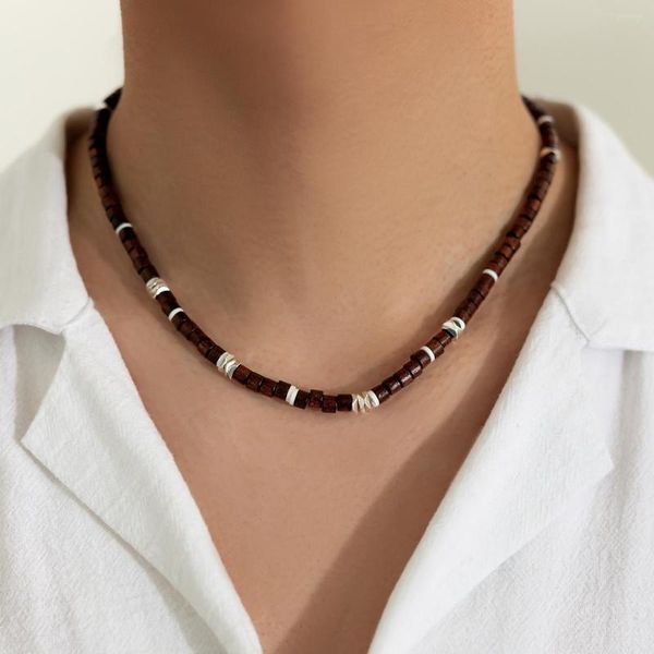 Collier ras du cou KunJoe Vintage marron bois perlé collier en argile douce pour hommes bohême coquille naturelle été plage surfeur Tribal